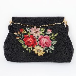 Vintage Early 1960's - Black Color Floral Design Needlepoint Beaded Purse